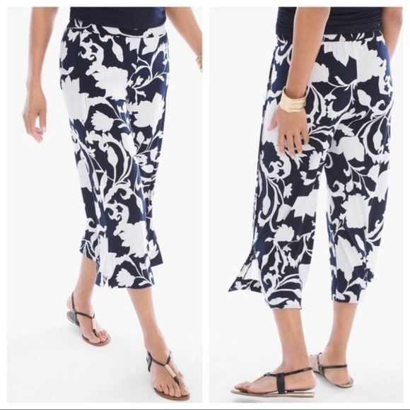 Chico's Womens Pants Cropped Size Large Navy-White Print Florida Style Preppy - Picture 1 of 5